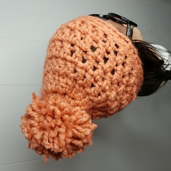 Chunky Crochet Slouchy Boho Beanie w/ Pom Coral Pink Hat - Winter Fall Spring - Picture 4 of 12